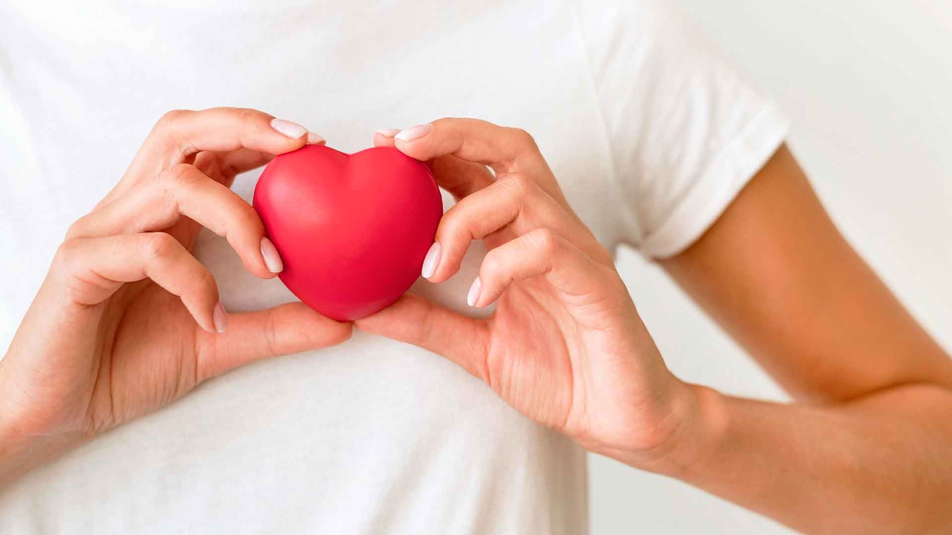 Mujer sosteniendo un corazón de plástico